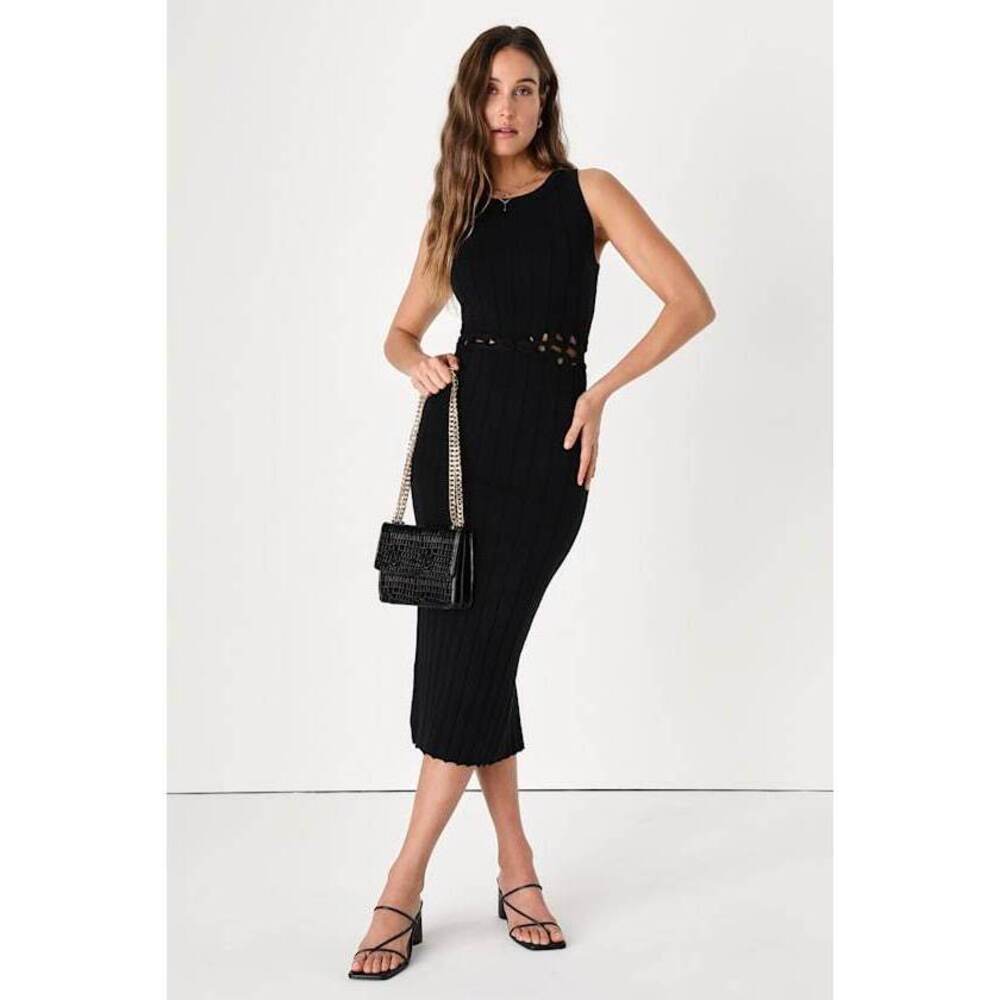 Lulus Sugar And Slice Black Ribbed Knit Cutout Midi Sweater Dress - Size L